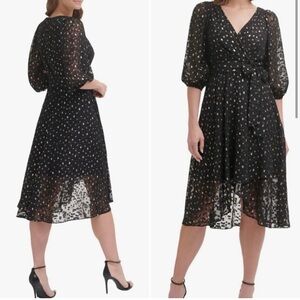 DKNY Faux Wrap Polkadot Midi Dress Black Gold